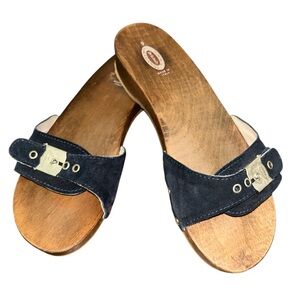 Dr. Scholl’s Original 2008 Women’s Y2K Wooden Navy Suede Clogs w/ Box – Size 9